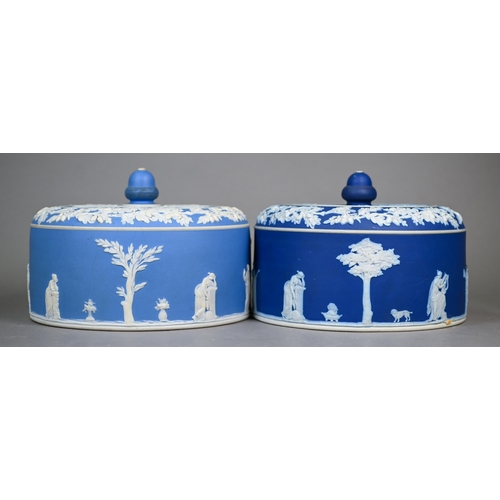 589 - Two 19th century Jasper slip cheese dishes and covers applied with classical cameos - one dark blue,... 