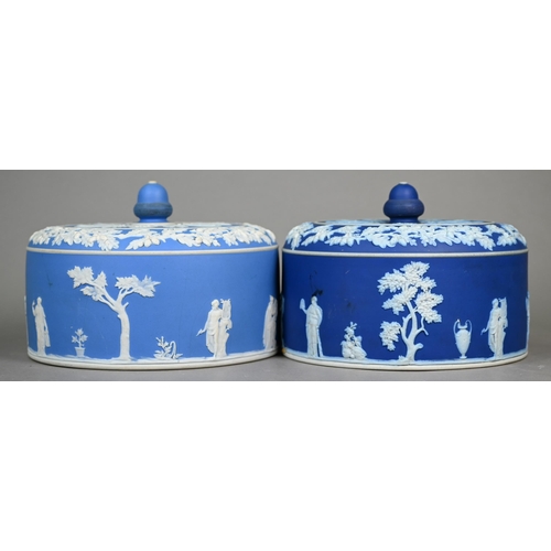 589 - Two 19th century Jasper slip cheese dishes and covers applied with classical cameos - one dark blue,... 