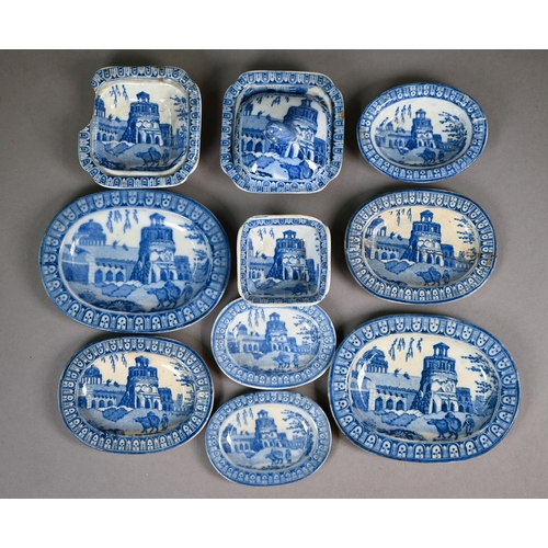 596 - A quantity of Victorian blue and white pottery 'traveller's samples' or doll's dinner ware, 87 pcs -... 