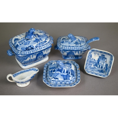 596 - A quantity of Victorian blue and white pottery 'traveller's samples' or doll's dinner ware, 87 pcs -... 