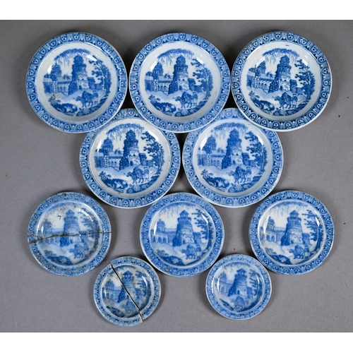 596 - A quantity of Victorian blue and white pottery 'traveller's samples' or doll's dinner ware, 87 pcs -... 