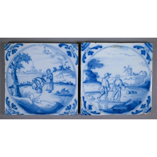 599 - Five 18th century Delft blue and white tiles, painted with figures - two Biblical subjects, the othe... 