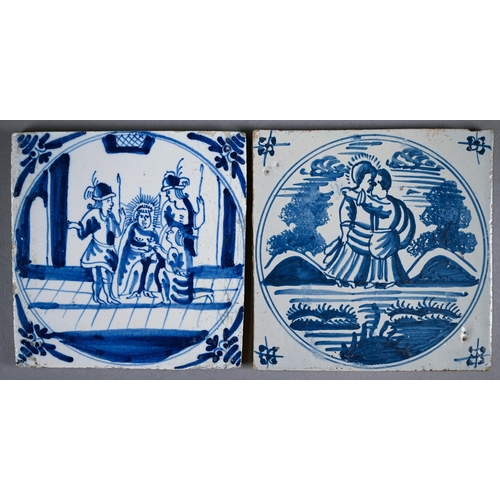 599 - Five 18th century Delft blue and white tiles, painted with figures - two Biblical subjects, the othe... 