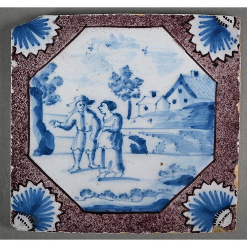 599 - Five 18th century Delft blue and white tiles, painted with figures - two Biblical subjects, the othe... 