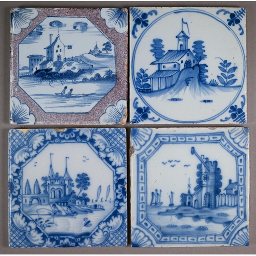 600 - Eight 18th century Dutch Delft tiles painted with coastal landscapes and shipping, 13 cm square, to/... 