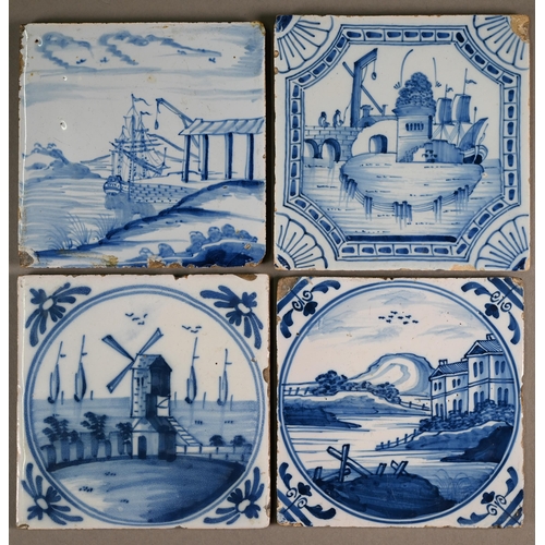 600 - Eight 18th century Dutch Delft tiles painted with coastal landscapes and shipping, 13 cm square, to/... 