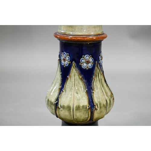 606 - An Edwardian Royal Doulton stoneware jardiniere on stand, impressed and painted with stylised floral... 