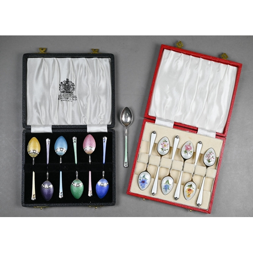 62 - A cased set of six silver gilt and enamel coffee spoons, Adie Bros Ltd, Birmingham 1960, to/w seven ... 