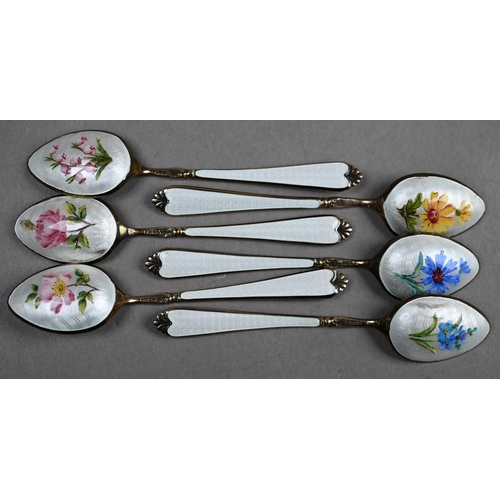 62 - A cased set of six silver gilt and enamel coffee spoons, Adie Bros Ltd, Birmingham 1960, to/w seven ... 