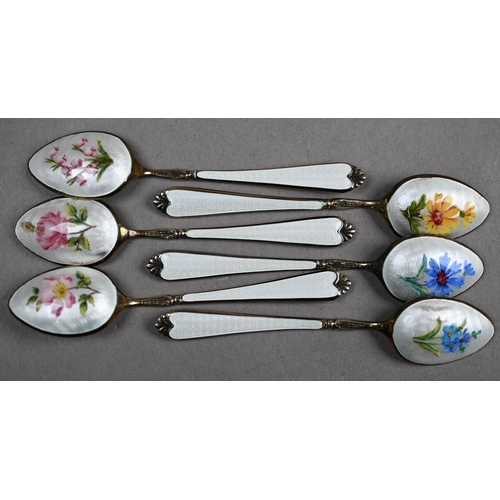 62 - A cased set of six silver gilt and enamel coffee spoons, Adie Bros Ltd, Birmingham 1960, to/w seven ... 