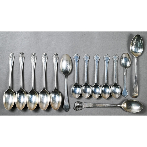 65 - A heavy quality silver three-piece condiment set, various teaspoons and a silver-topped glass powder... 