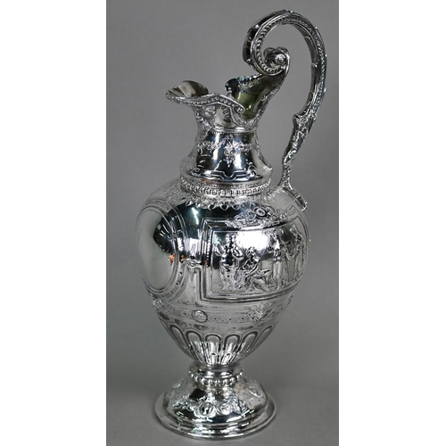 70 - A Victorian silver wine ewer in the Renaissance manner, of baluster form with hinged cover and scrol... 