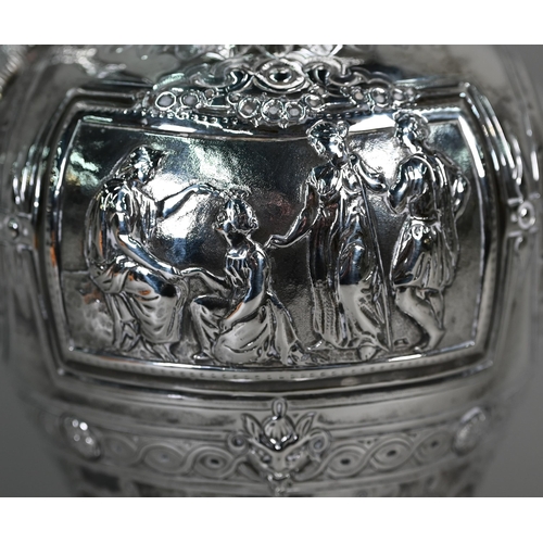 70 - A Victorian silver wine ewer in the Renaissance manner, of baluster form with hinged cover and scrol... 