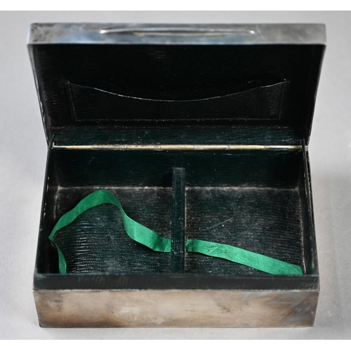 72 - An Edwardian silver playing-cards box, the green Morocco leather lining fitted with two compartments... 