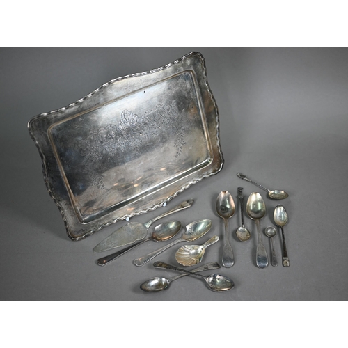 83 - A silver trinket tray with engraved decoration, W.G. Sothers & Co, Birmingham 1915, 29.5 x 23.5c... 