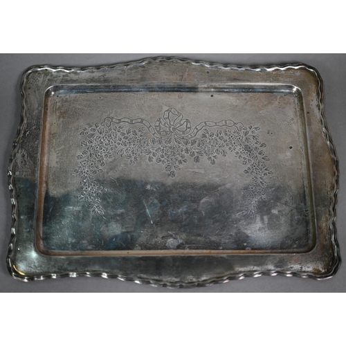 83 - A silver trinket tray with engraved decoration, W.G. Sothers & Co, Birmingham 1915, 29.5 x 23.5c... 