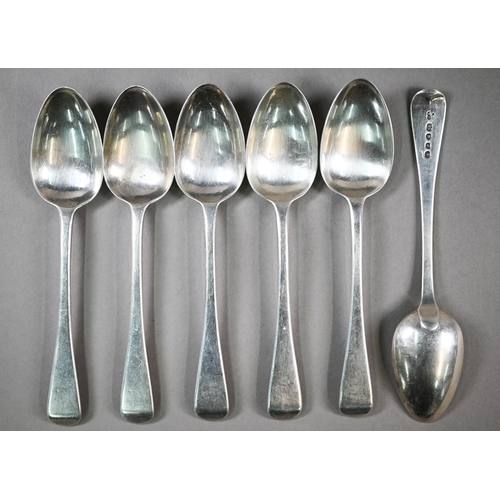 96 - A set of six Victorian Old English pattern silver dessert spoons and a pair of matching tablespoons,... 