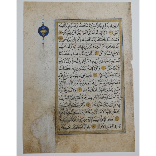 367 - A Persian Safavid (1501-1736) double sided Quran illuminated manuscript, each side with black callig... 