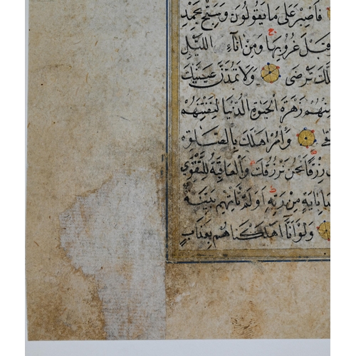 367 - A Persian Safavid (1501-1736) double sided Quran illuminated manuscript, each side with black callig... 