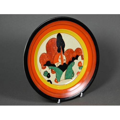 579 - A Clarice Cliff Bizarre tea plate, painted with 'Farmhouse' pattern, 19 cm, impressed '34' on revers... 