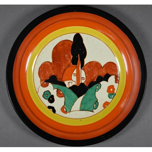 579 - A Clarice Cliff Bizarre tea plate, painted with 'Farmhouse' pattern, 19 cm, impressed '34' on revers... 