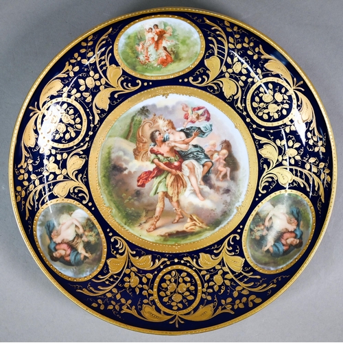 584 - A pair of Vienna cabinet dishes, the centres painted with mythological subjects, Athena giving Perse... 