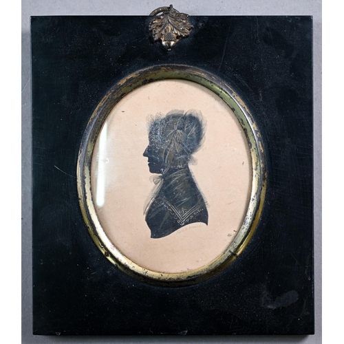 1025 - John Field (1771 - 1841): a pair of oval silhouette portraits of a lady, with lace cap and shawl, an... 