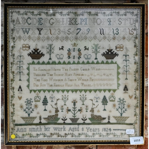 1033 - A George IV needlework sampler, worked with alphabet and numbers above, floral and fauna and whimsic... 