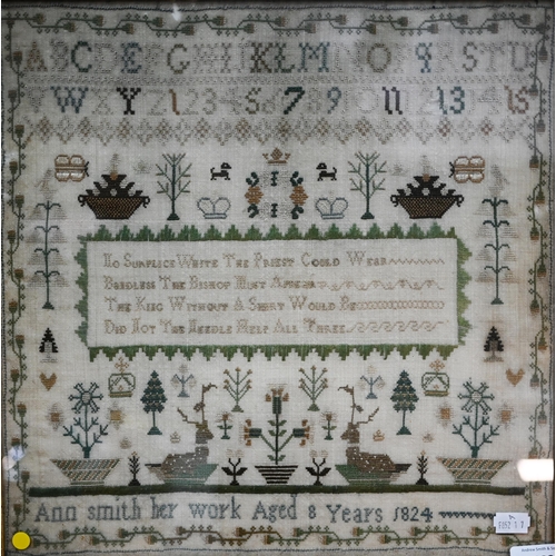 1033 - A George IV needlework sampler, worked with alphabet and numbers above, floral and fauna and whimsic... 