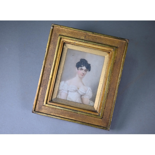 1035 - A Regency portrait miniature on ivory of a young lady in white dress, 12 x 9.5 cm, in original gilt ... 