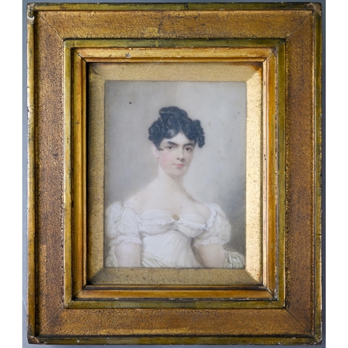 1035 - A Regency portrait miniature on ivory of a young lady in white dress, 12 x 9.5 cm, in original gilt ... 