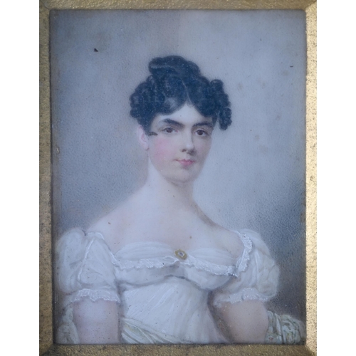 1035 - A Regency portrait miniature on ivory of a young lady in white dress, 12 x 9.5 cm, in original gilt ... 