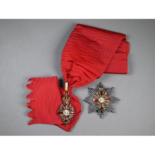 The Imperial Austrian Order of Franz Joseph (1849) - Grand Cross set 1st Type pre 1872, sash badge in 18ct gold and enamels by Vinc. Mayers Sohne, Wien, stamped for 750 gold, on original silk sash; the star in silver and 18ct gold and enamels, stamped 'G' for Grosskreuz and makers mark to verso and AA (Vienna assay mark) to the pin, EF and rare (2)