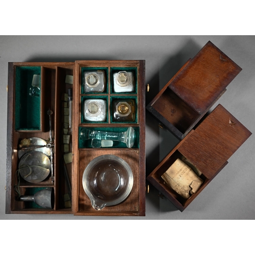 1154 - A 19th century mahogany apothecary box, fitted with glass bottles and drawers with ivory knobs, encl... 