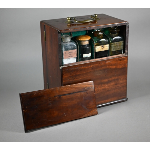 1154 - A 19th century mahogany apothecary box, fitted with glass bottles and drawers with ivory knobs, encl... 