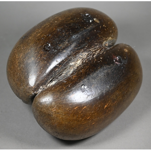 1159 - A Coco de Mer basket, containing seven polished stone eggs