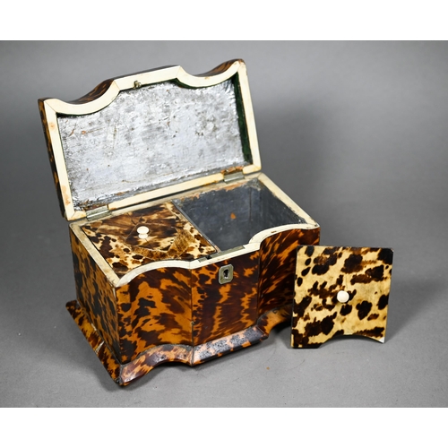 1160 - A Victorian serpentine-front tortoiseshell tea caddy with two inner lidded compartments, on ivory ba... 