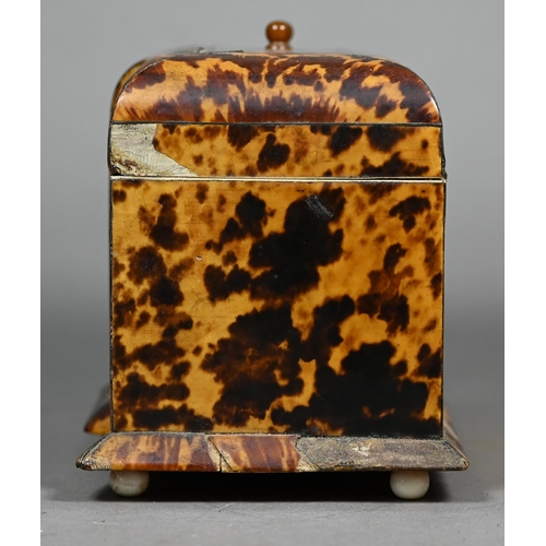 1160 - A Victorian serpentine-front tortoiseshell tea caddy with two inner lidded compartments, on ivory ba... 