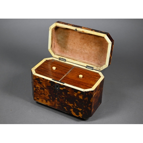 1161 - A Regency tortoiseshell sarcophagus tea caddy with moulded top enclosing two lidded compartments, on... 