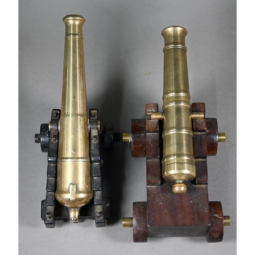 1163 - A 19th century brass model cannon with 26 cm brass barrel on wooden carriage, to/w another, later ca... 