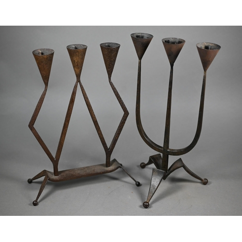 1168 - In the manner of Ambrose Heal, an iron table candelabra to/with another stamped HBV, Germany, 31 cm ... 