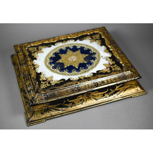 1169 - A Jennens & Bettridge Patent Inlaid Gems papier maché trinket box with decorated glass lid, over... 