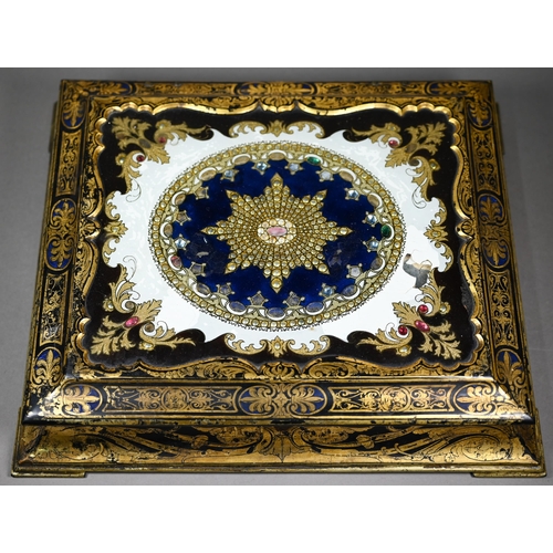 1169 - A Jennens & Bettridge Patent Inlaid Gems papier maché trinket box with decorated glass lid, over... 