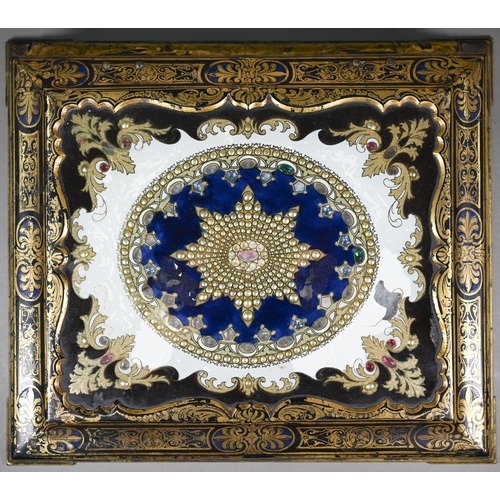 1169 - A Jennens & Bettridge Patent Inlaid Gems papier maché trinket box with decorated glass lid, over... 