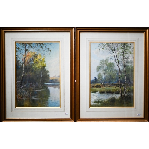 672 - Octavius Rickatson (1856-1941) - A pair of river views with silver birches, watercolour, signed, 50 ... 