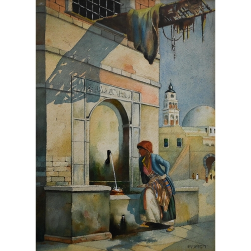 677 - Dudley Leighton - Lady filling a water vessel from a Moorish fountain, watercolour, signed and dated... 