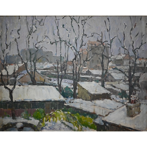 678 - Sharon D'Obremer - Snow covered village, oil on board, signed lower centre, 32 x 40 cm