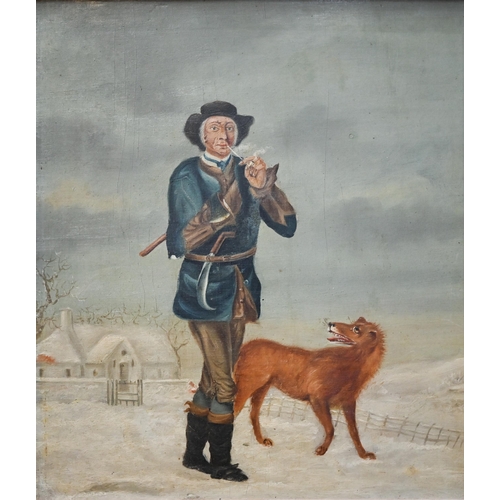 690 - Continental school - Man smoking a pipe, a dog at feet, oil on panel, 23 x 19 cm to/w Naive English ... 