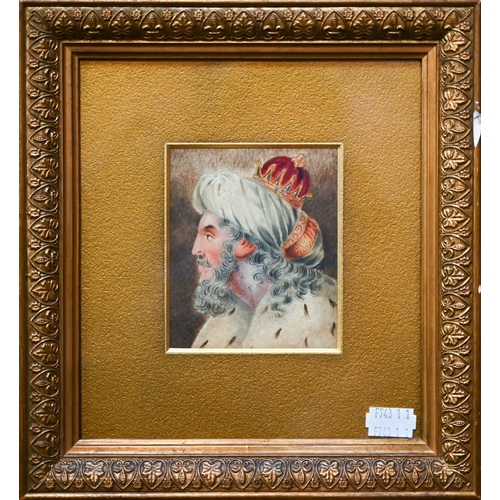 696 - Continental school - An Ottoman potentate, watercolour, 10 x 8.5 cm