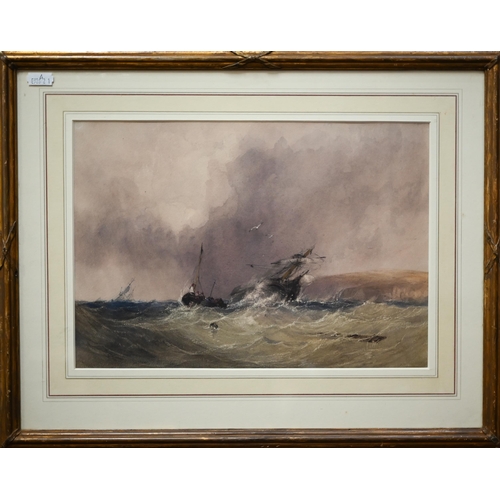698 - Charles Bentley (1806-1854) - 'Rough Seas', watercolour, 22.5 x 32 cm, Peter Cardiff Fine Art label ... 